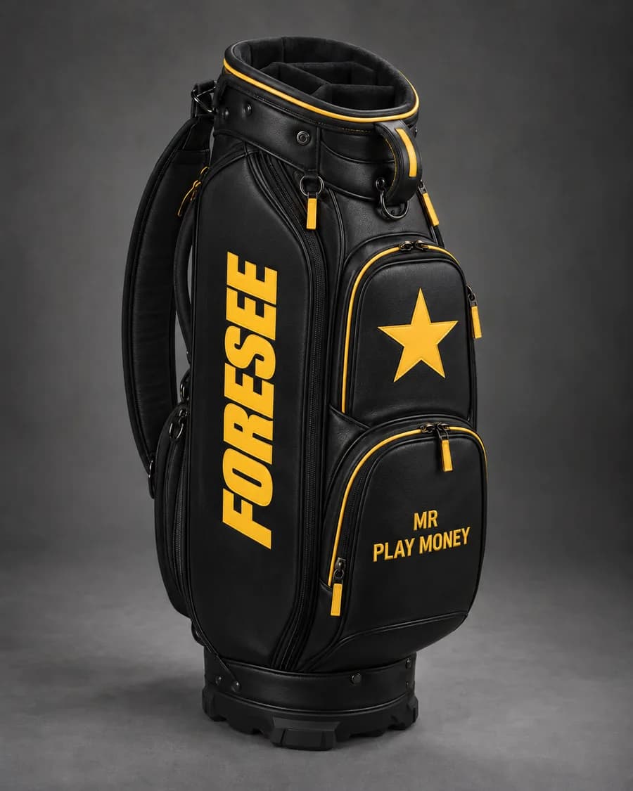A black Foresee golf bag with a butter-yellow star and "Mr Play Money" stitched on the pocket